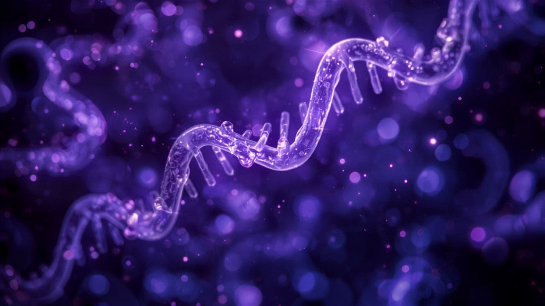 Glowing violet DNA helix representing cellular longevity science