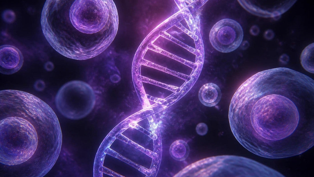 Glowing violet cells and a DNA helix representing cellular NAD+ research