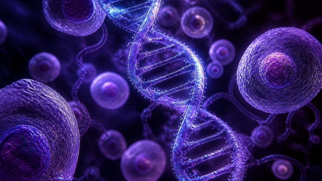 Bioluminescent violet cells around a glowing DNA helix