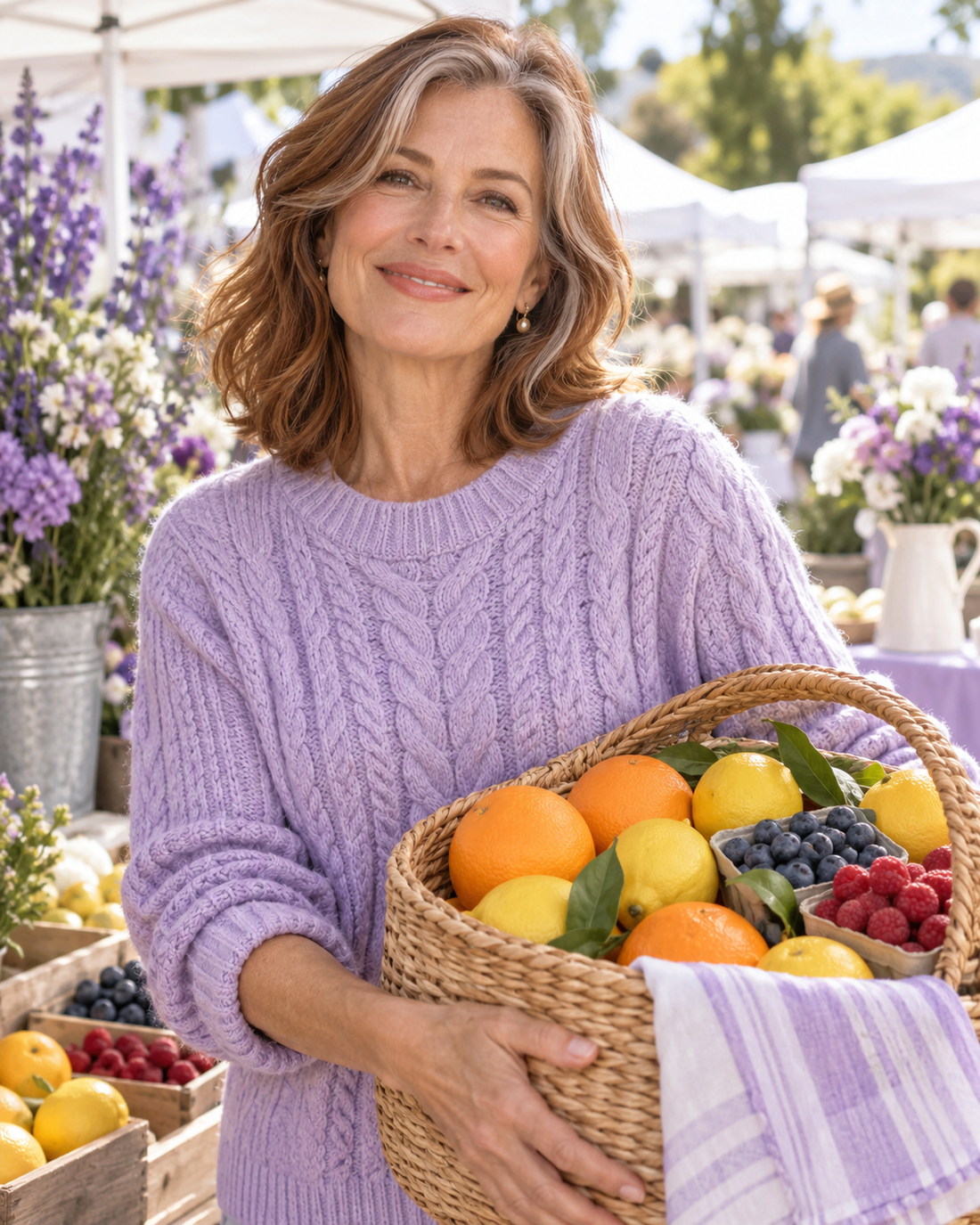 Smiling woman holding a basket of citrus and berries at a farmers market