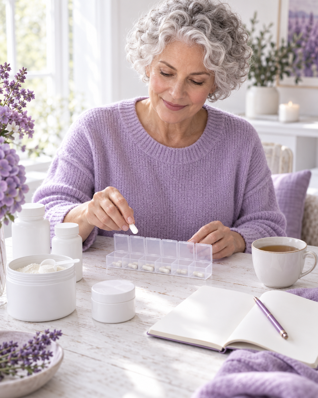 Woman in her sixties filling a weekly pill organiser at a sunlit table for her anti-ageing routine