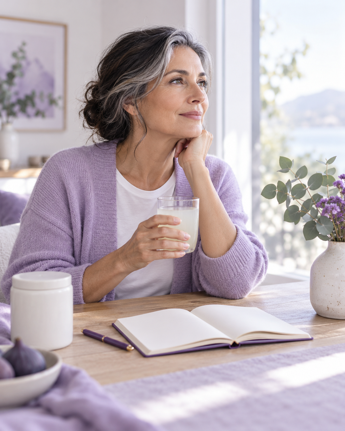 Woman holding a glass of collagen drink by a bright window