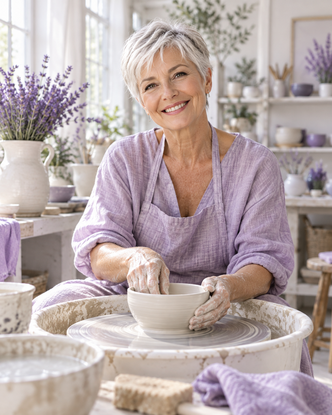 Smiling silver-haired woman in a lilac smock shaping a clay bowl in a bright pottery studio
