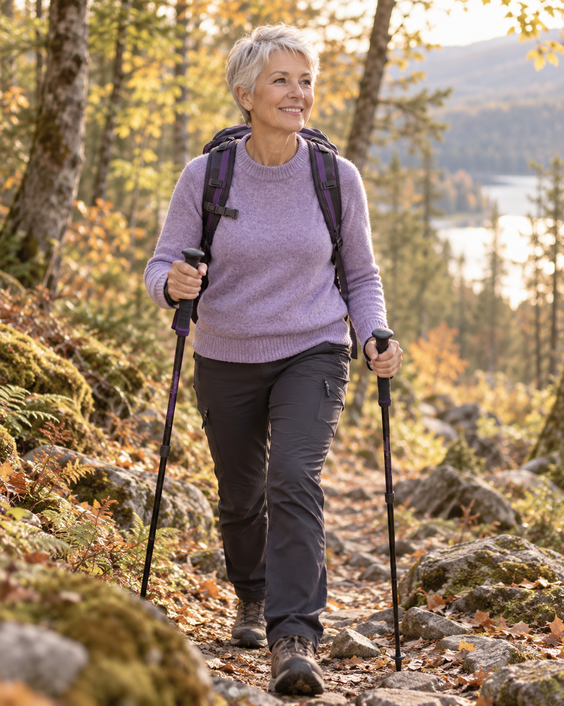 Woman in her sixties walking an autumn woodland trail with trekking poles