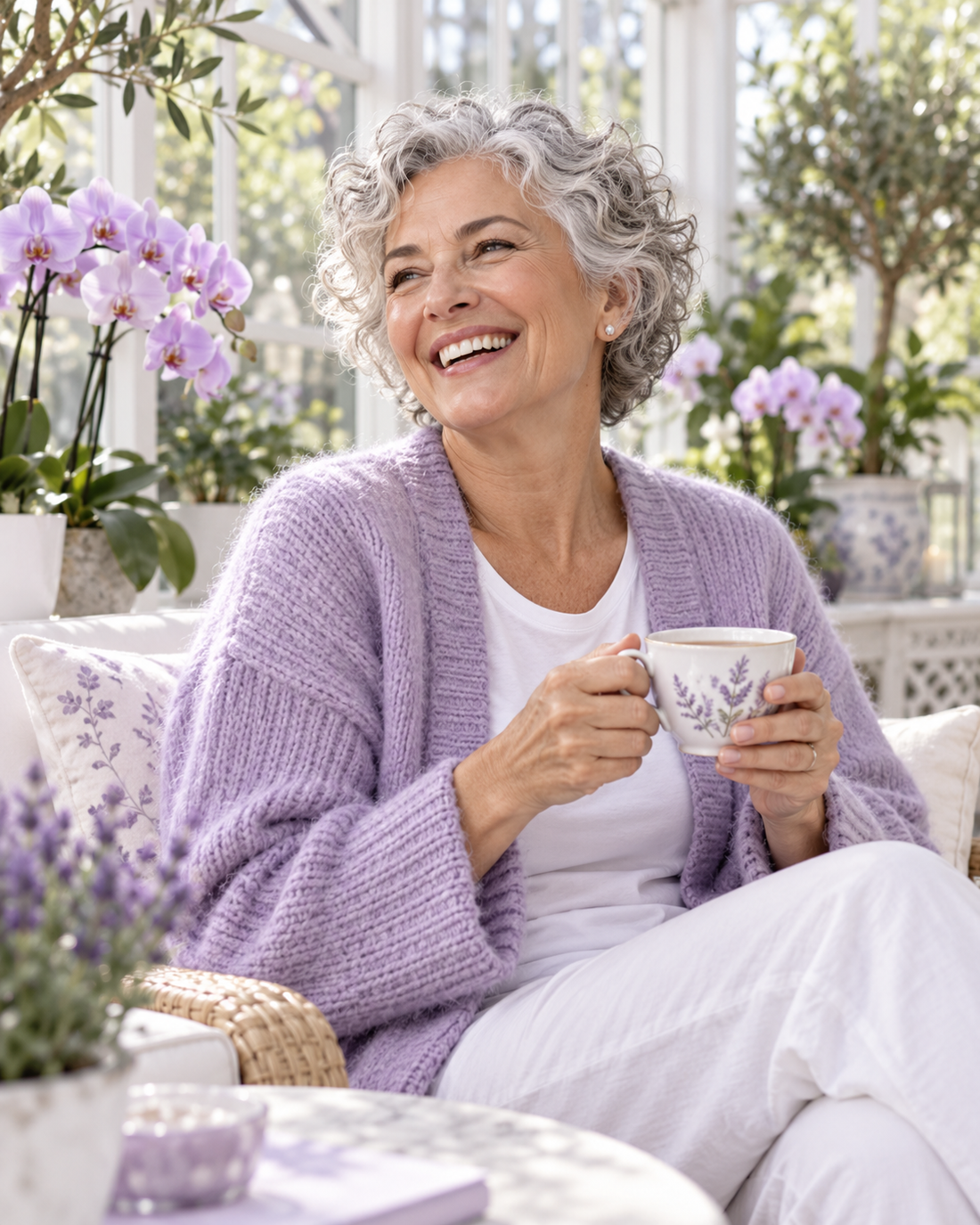 Woman in her sixties laughing in a sunlit conservatory, natural smile lines around her eyes
