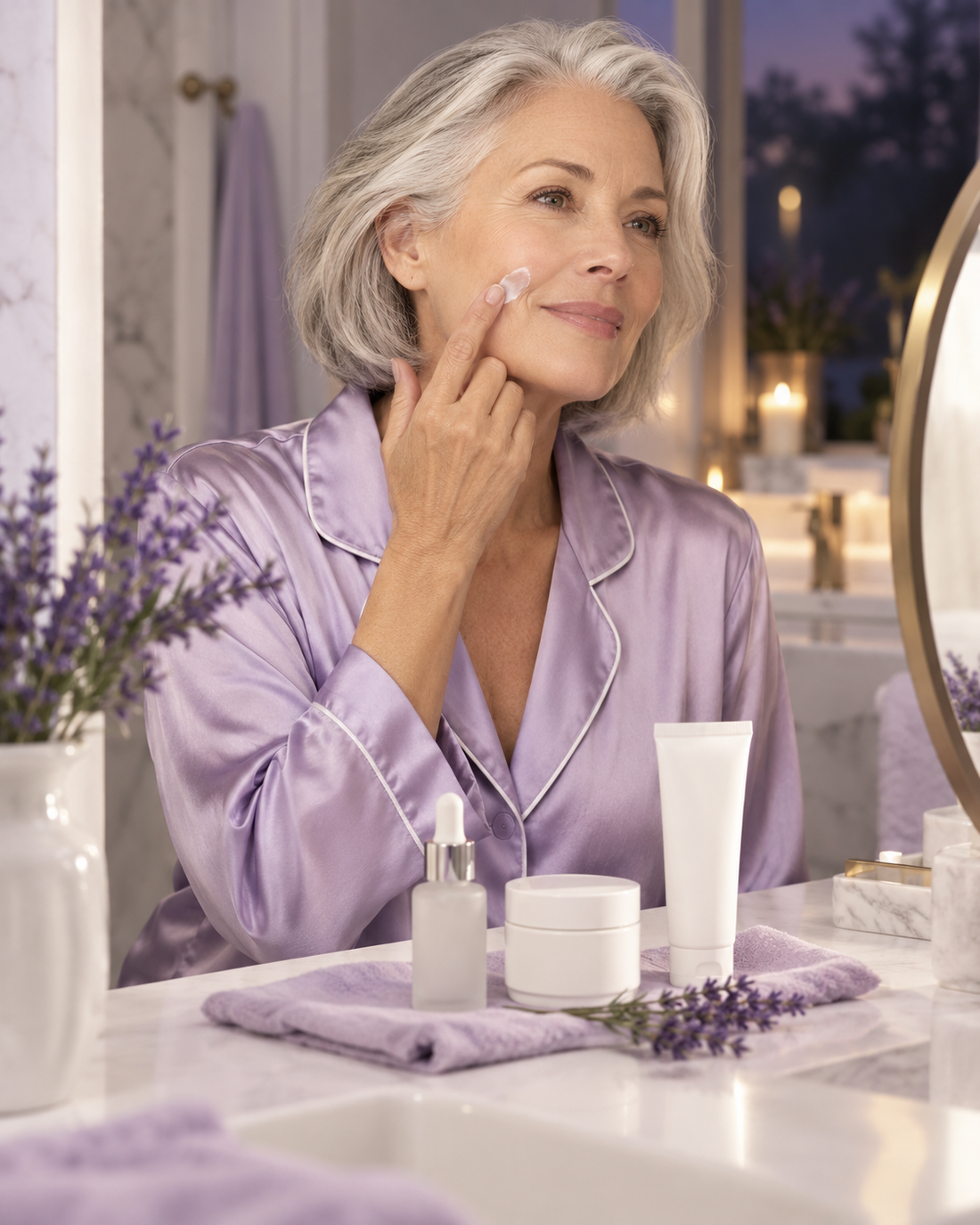 Woman around 60 applying anti-wrinkle balm at a bathroom vanity