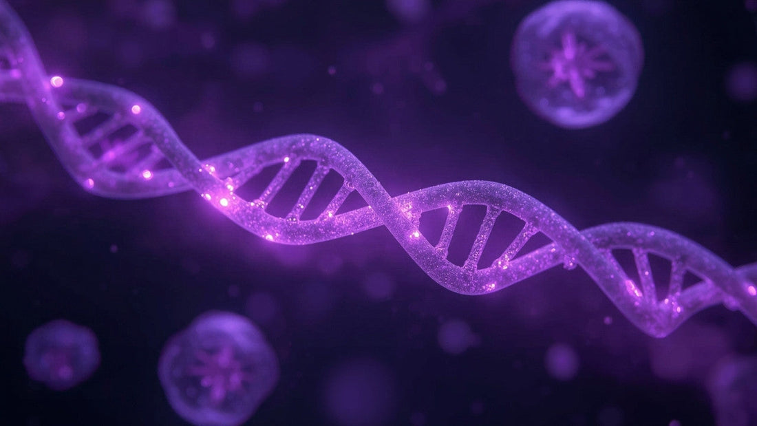 Glowing violet DNA helix among bioluminescent cells