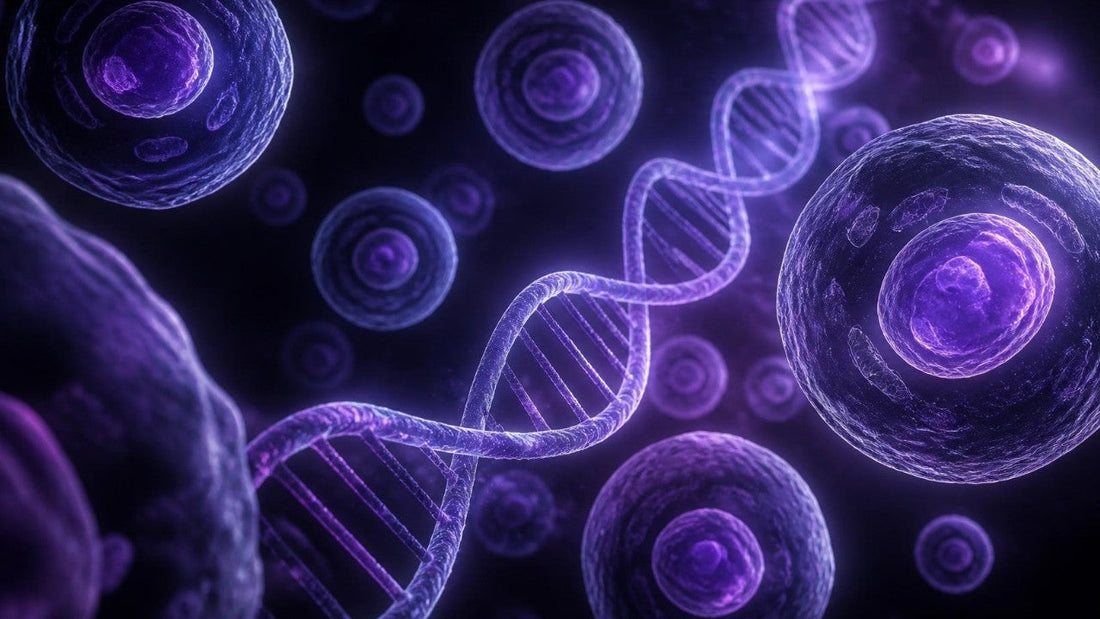 Glowing violet cells and a DNA helix representing cellular NAD+ research
