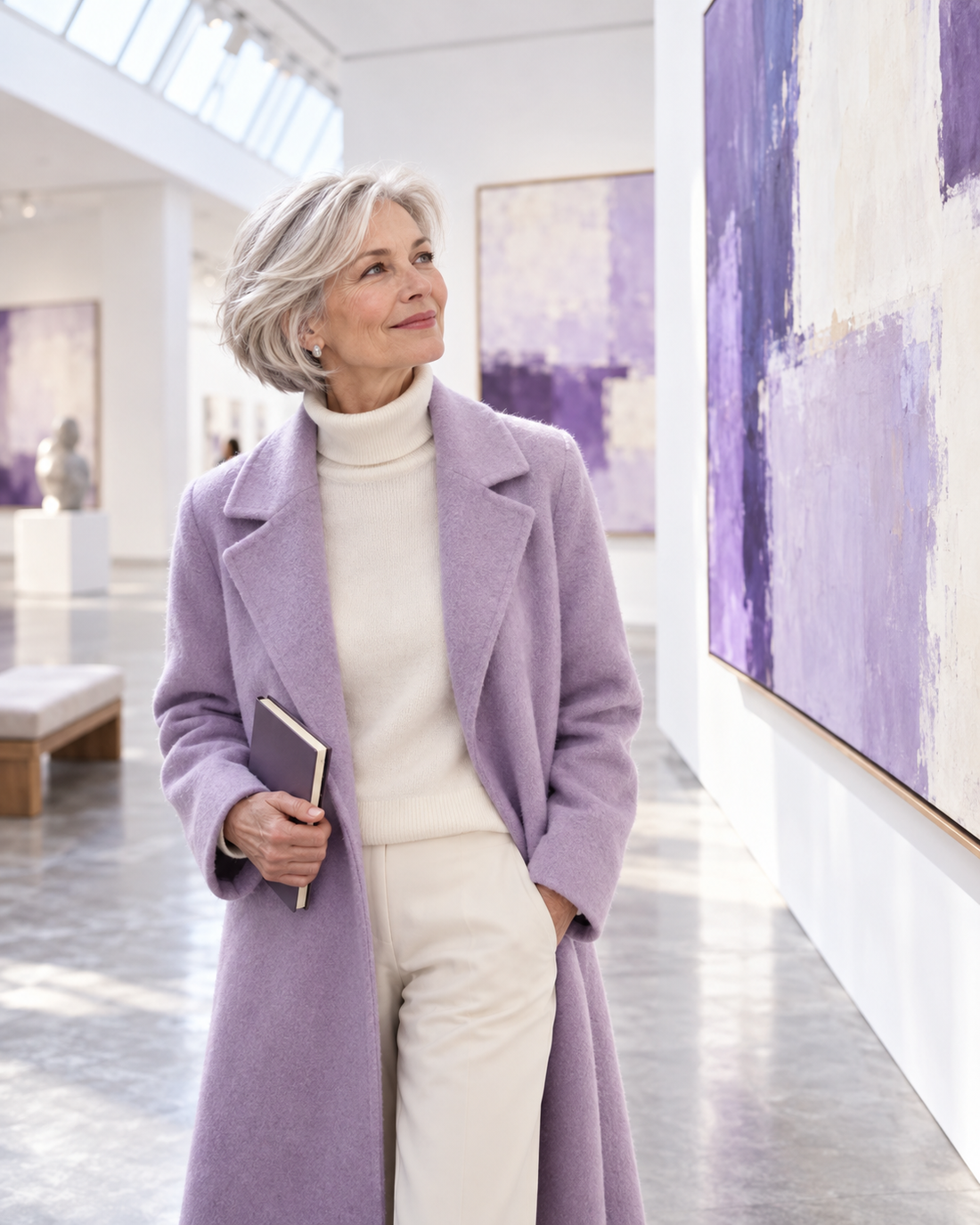 Woman in her sixties with a silver bob and lilac coat browsing a bright art gallery