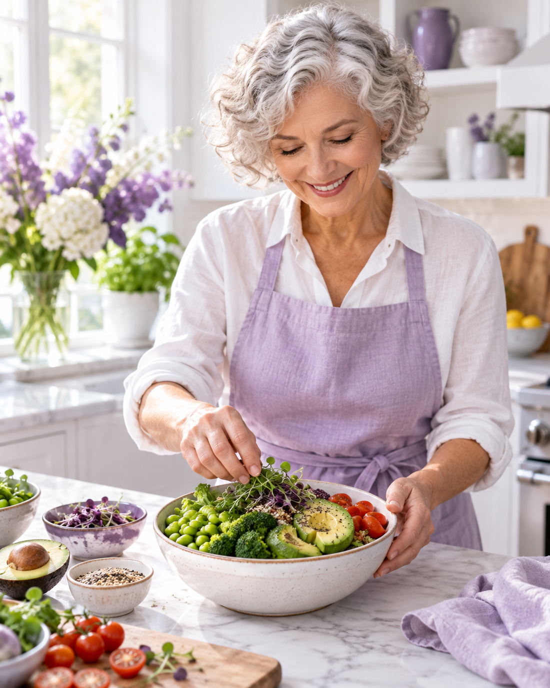 Woman arranging NMN-rich vegetables in a bright kitchen