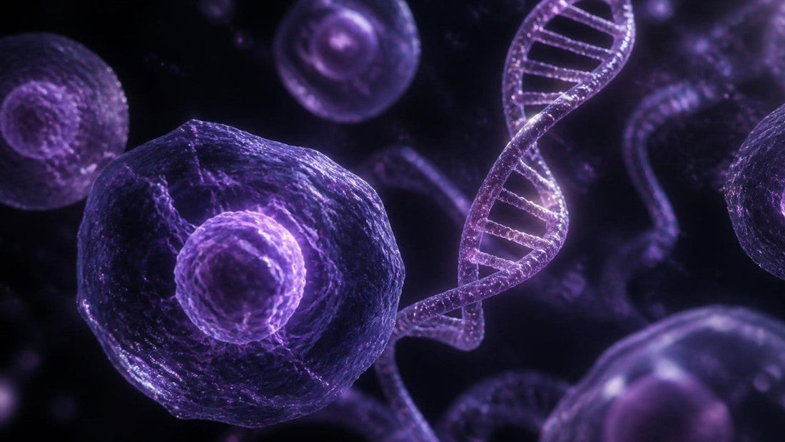 Glowing violet cells and a DNA helix representing cellular health research