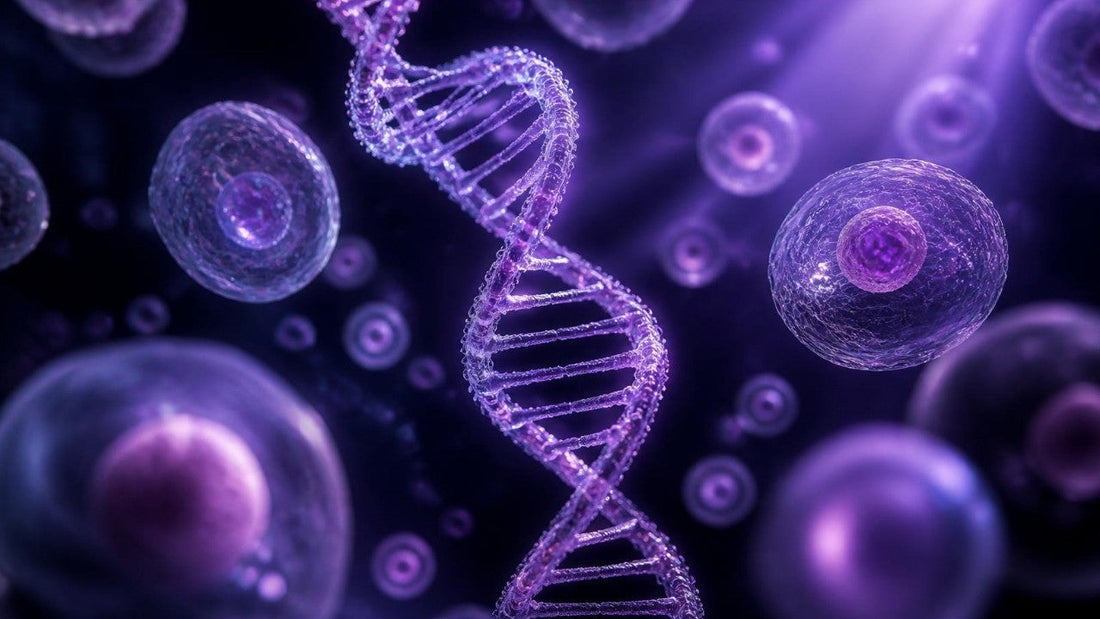 Glowing violet cells and a DNA helix representing longevity research