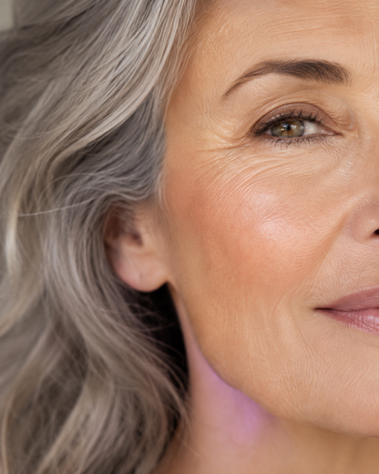 Close-up of firm, luminous, healthy mature skin after the Anti-Ageing Bundle