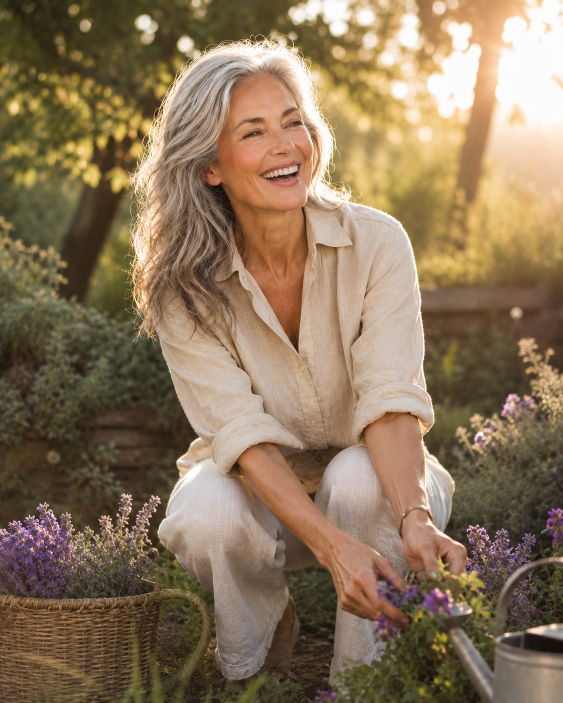 Energetic woman gardening joyfully at golden hour