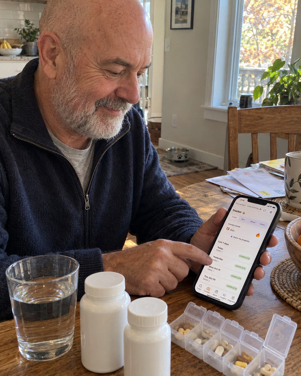 Logging his dose after breakfast