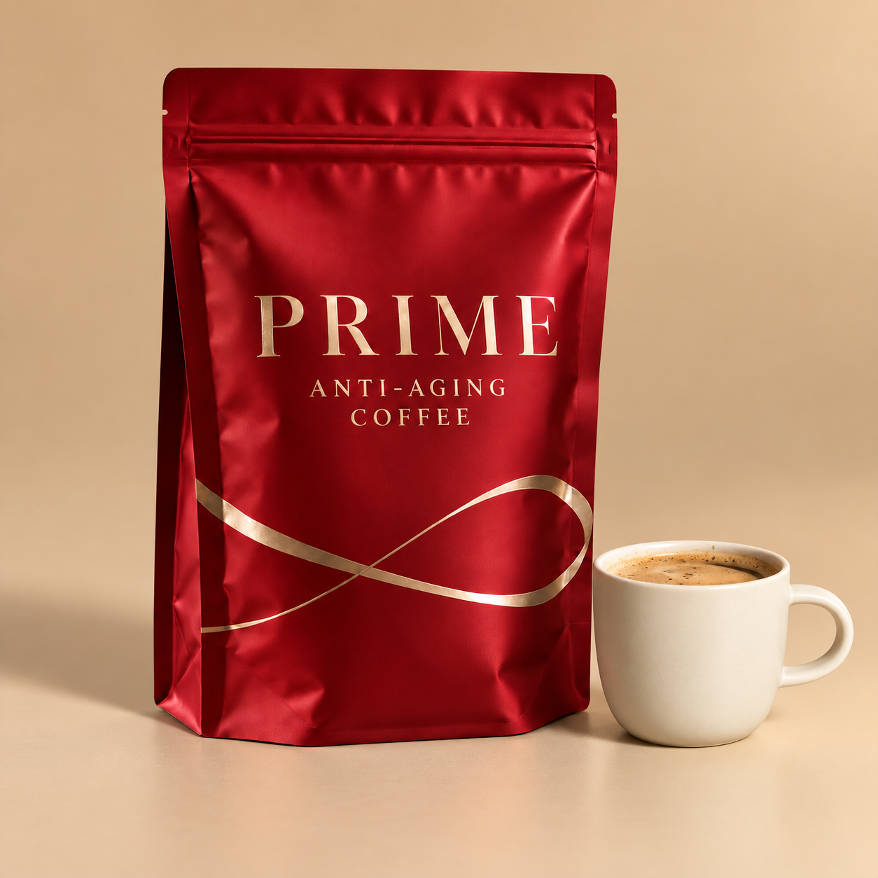 Prime Coffee pouch and pink coffee cup