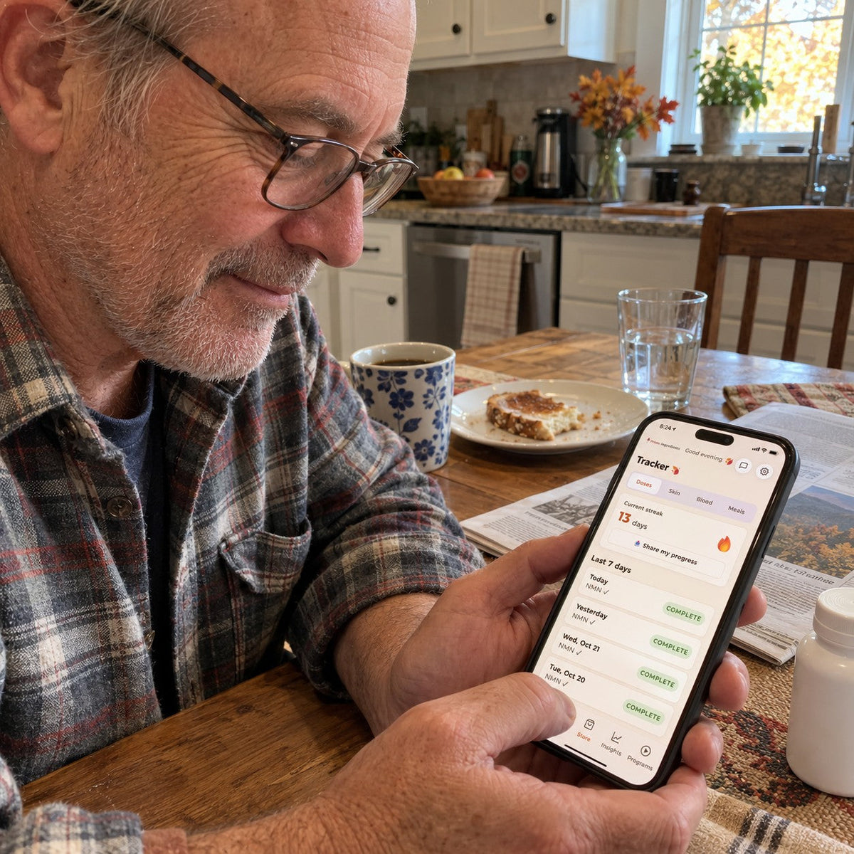 Checking his streak at breakfast